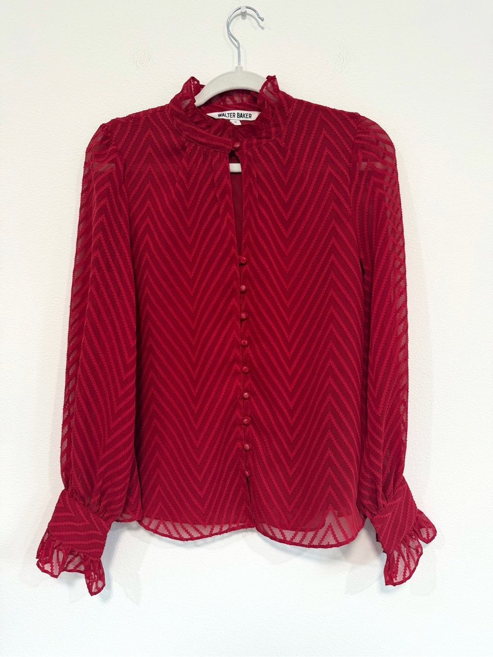 Walter Baker Red Sheer Chevron Ruffle Blouse Size Small